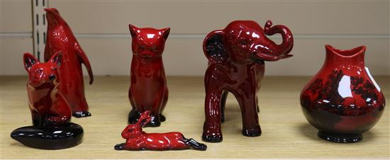Five Royal Doulton flambe animals and a vase